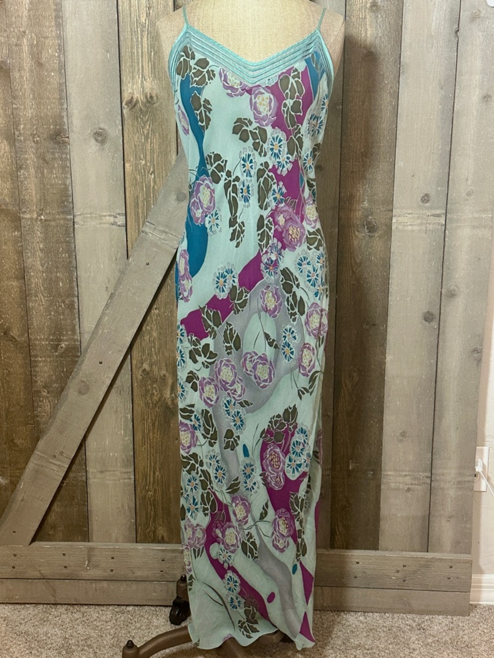 Victoria’s Secret Silk Floral Maxi Slip Dress Aqua Purple Bias Cut Y2K | Large